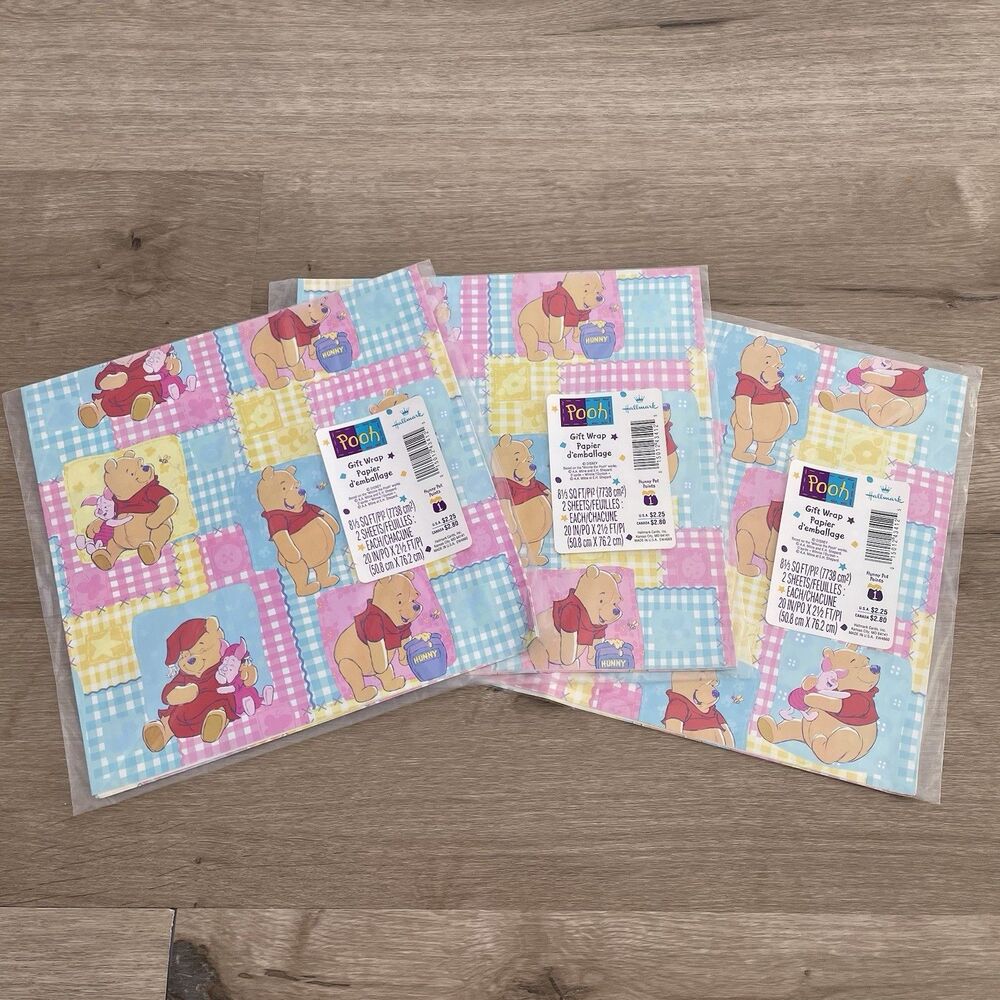 VTG Winnie the Pooh Hallmark Gift Wrapping Paper Lot 90’s Disney Set Of 3 Wrap